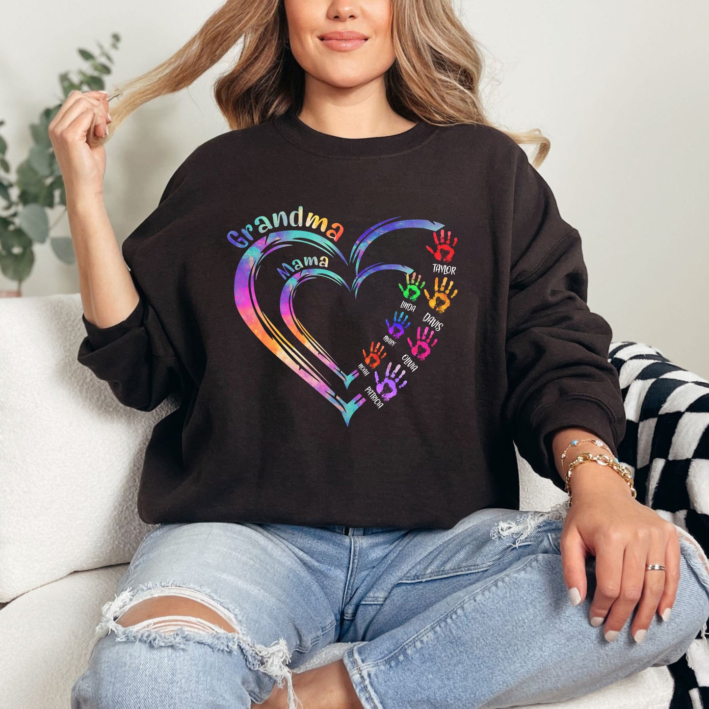 50% off ✨-Custom Two Colorful Heart Shirt With Hand ❤️Gift For Mom&Grandma