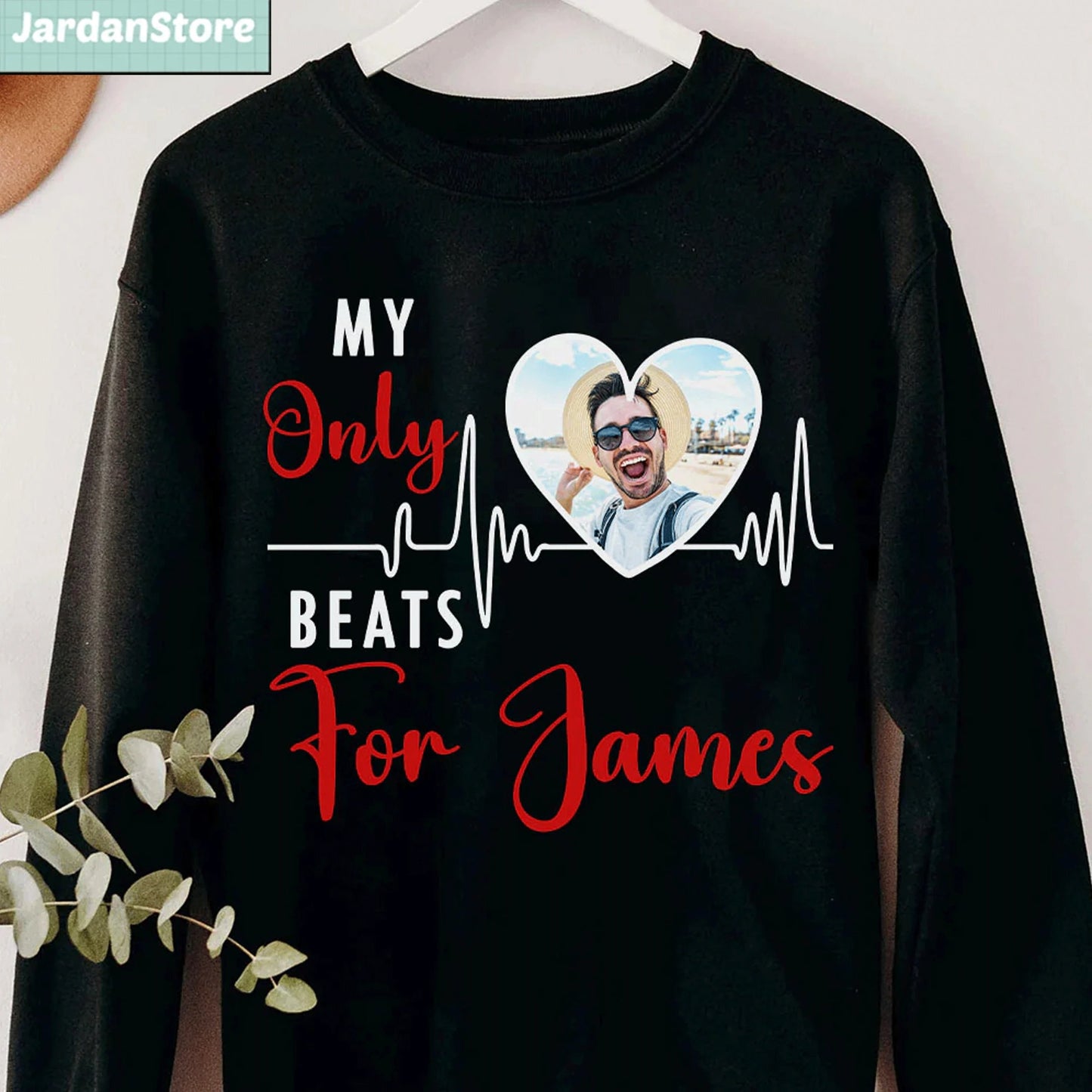 Personalized Photo Couple Valentine Sweatshirt Hoodie My Heart Only Beats For Him Her