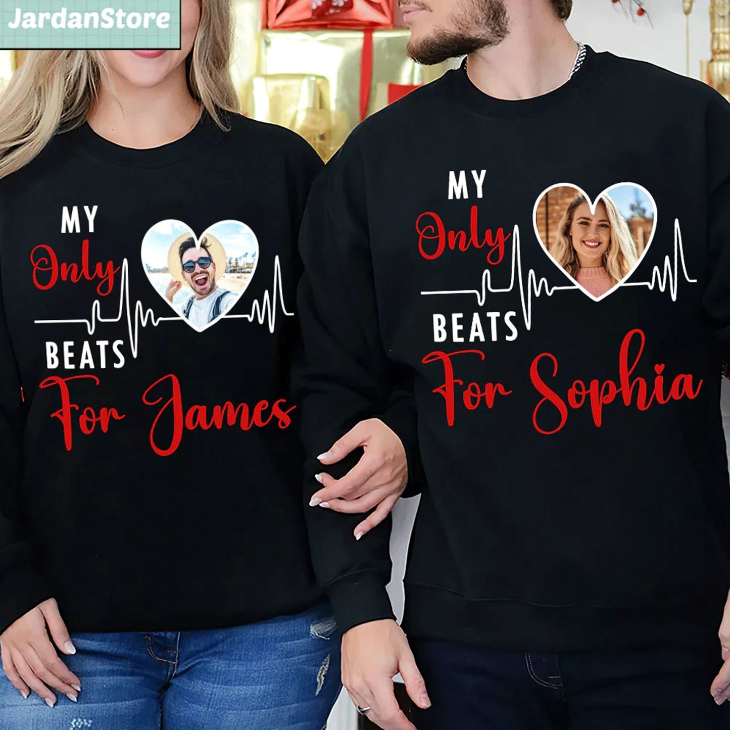 Personalized Photo Couple Valentine Sweatshirt Hoodie My Heart Only Beats For Him Her