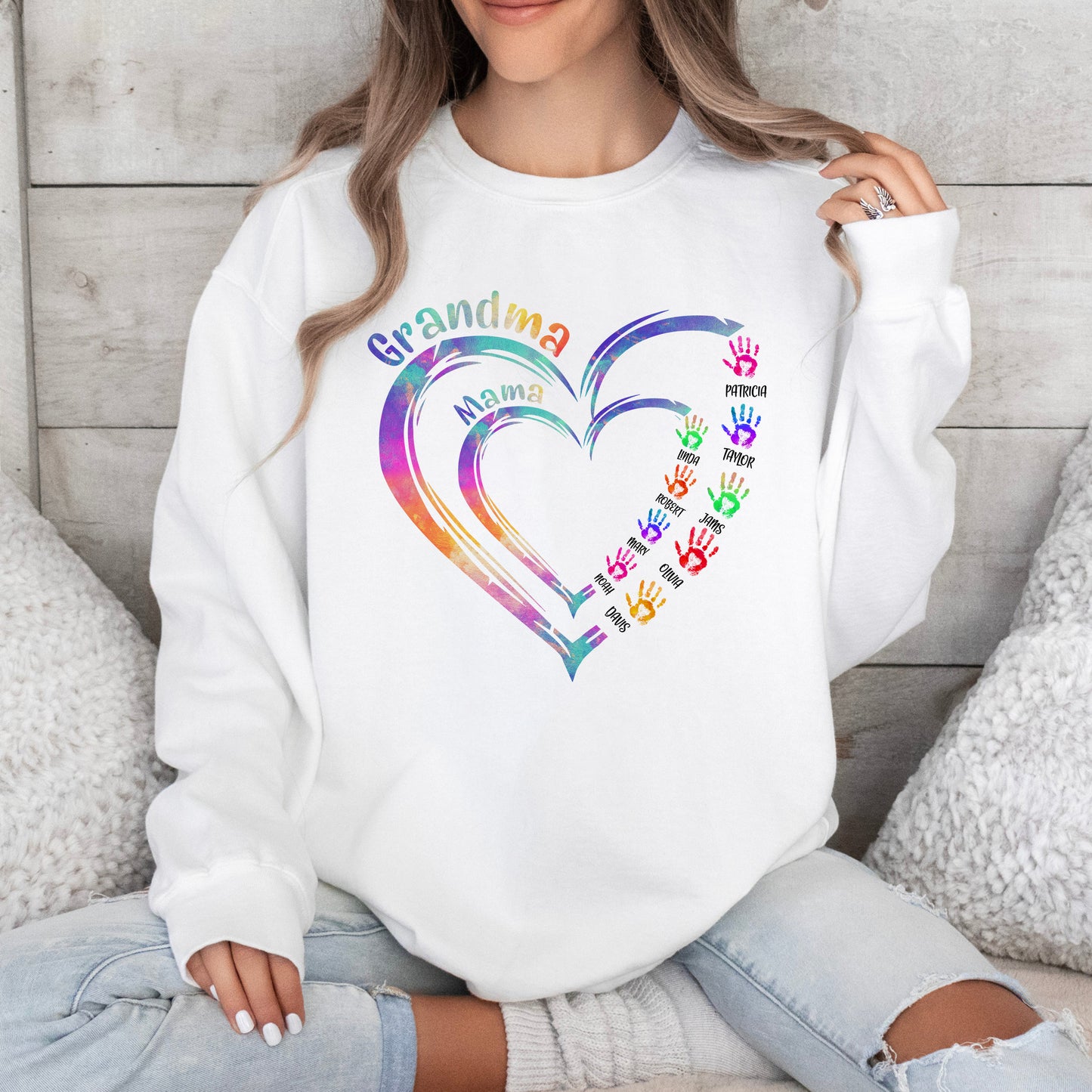 50% off ✨-Custom Two Colorful Heart Shirt With Hand ❤️Gift For Mom&Grandma