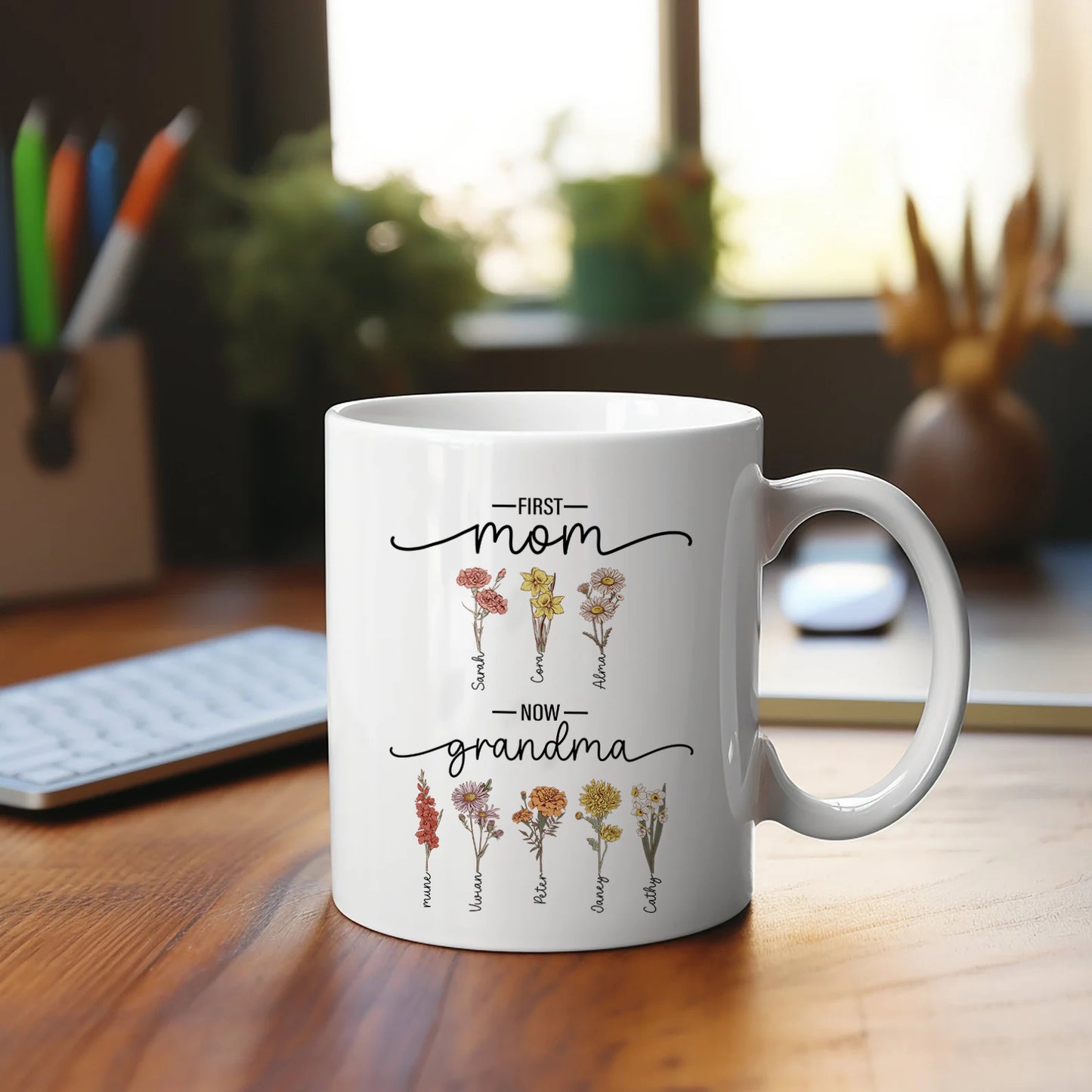 First Mom Now Grandma - Birth Flower Family Custom mug