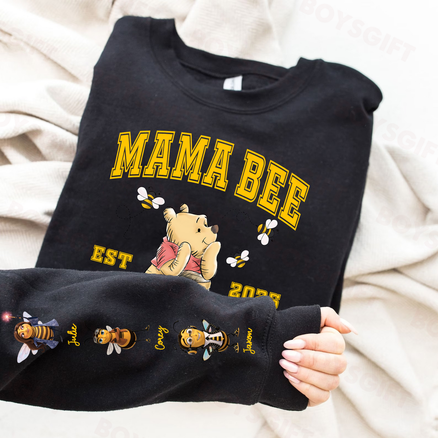 50% OFF🎉Custom Mama Bee Sweatshirt, Mama Est with Kid Name on Sleeve Sweatshirt