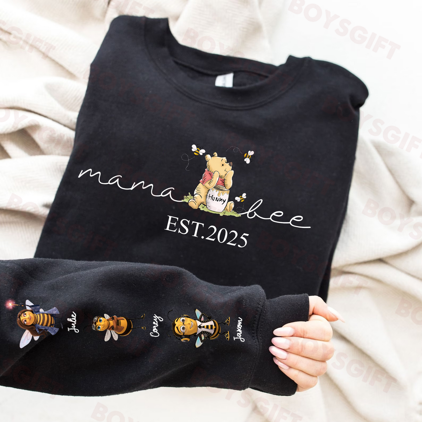50% OFF🎉Custom Mama Bee Sweatshirt, Mama Est with Kid Name on Sleeve Sweatshirt
