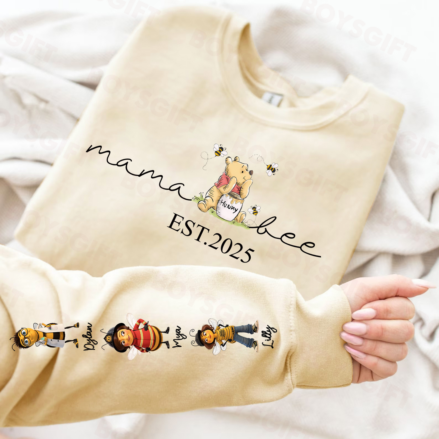 50% OFF🎉Custom Mama Bee Sweatshirt, Mama Est with Kid Name on Sleeve Sweatshirt