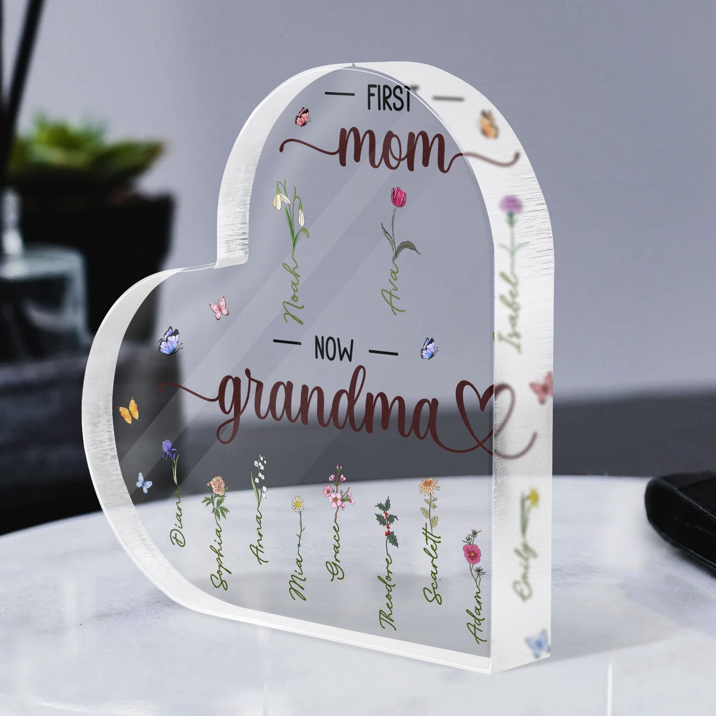 First Mom Now Grandma - Personalized Heart Acrylic Plaque