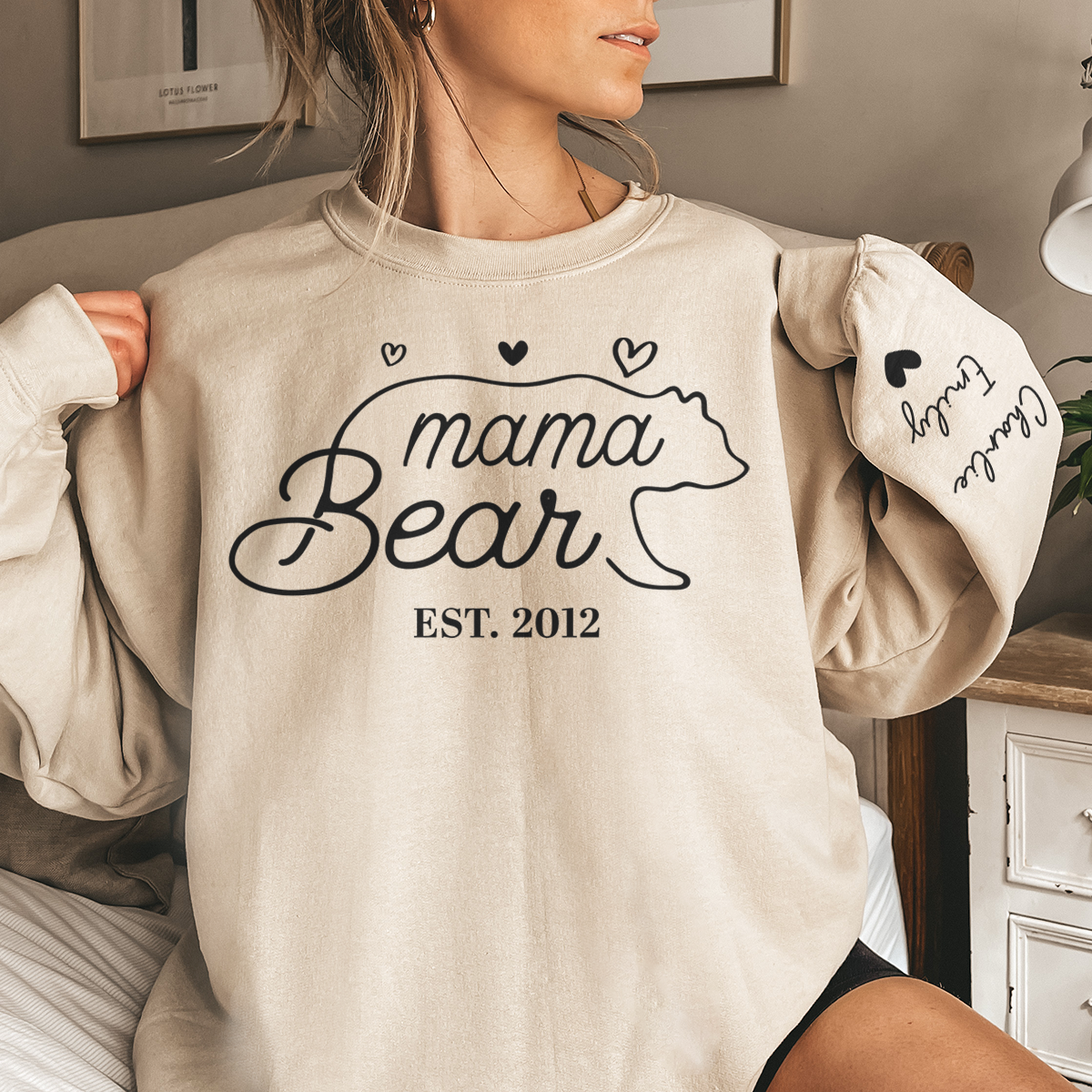 This Mama Bear Wears Her Heart On Her Sleeve - Family Personalized Custom Unisex Sweatshirt 🎁