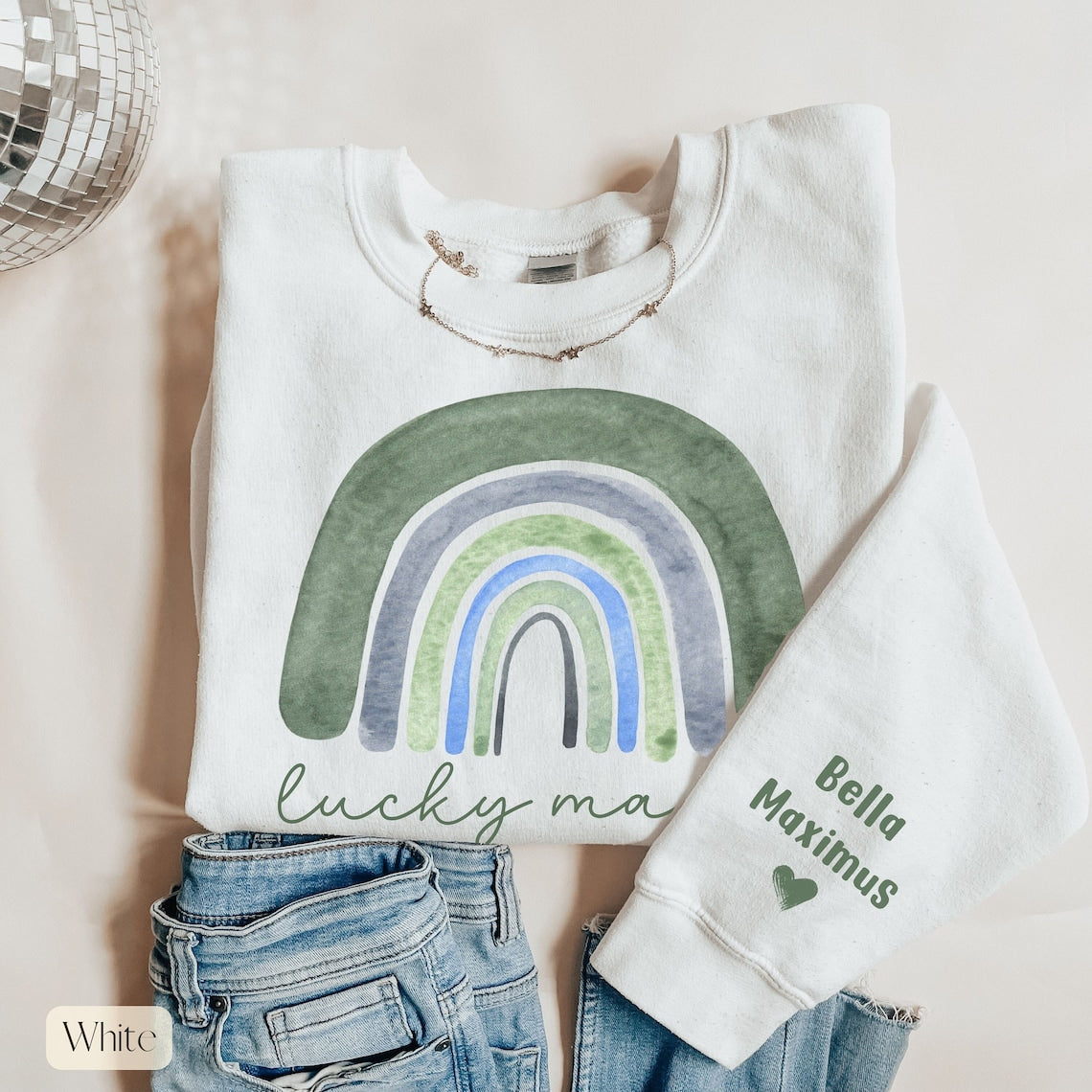 Lucky Mama Sweatshirt, Mom Sweatshirt with Kid Names on Sleeve-🔥Gifted Mama Sweatshirt🎁