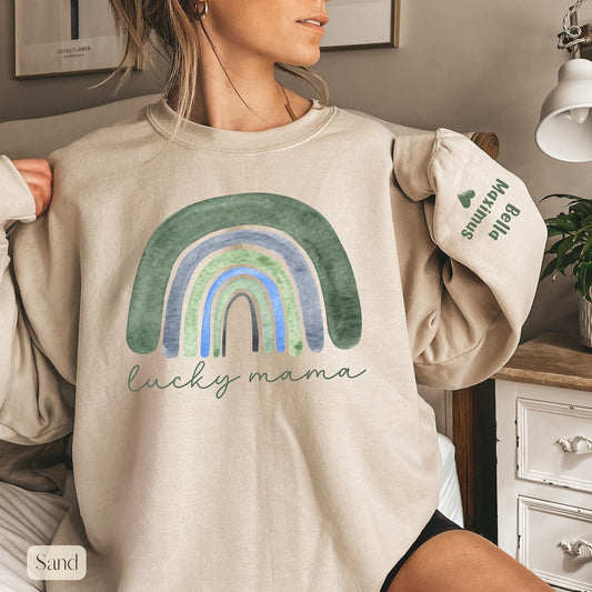 Lucky Mama Sweatshirt, Mom Sweatshirt with Kid Names on Sleeve-🔥Gifted Mama Sweatshirt🎁