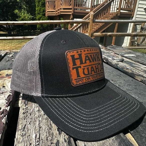 50 off 🔥-Hawk tuah spit on that thang viral brown leather patch hat