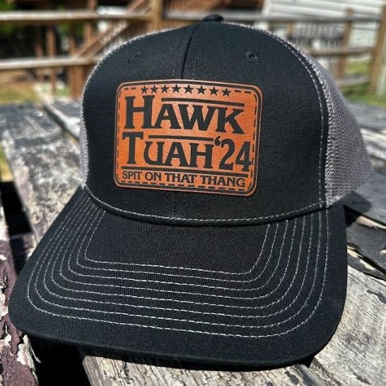 50 off 🔥-Hawk tuah spit on that thang viral brown leather patch hat