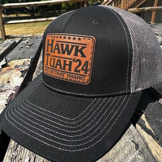 50 off 🔥-Hawk tuah spit on that thang viral brown leather patch hat