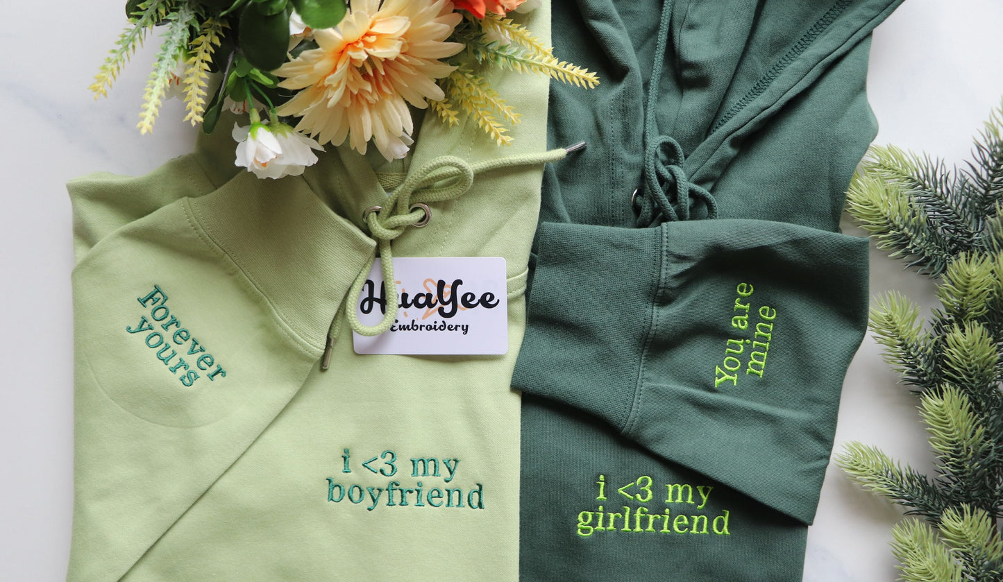 Personalized Embroidered Sweatshirt Hoodie Initial on sleeve, Couples Gifts Valentines Day Gift for Him for her Forever yours You are mine