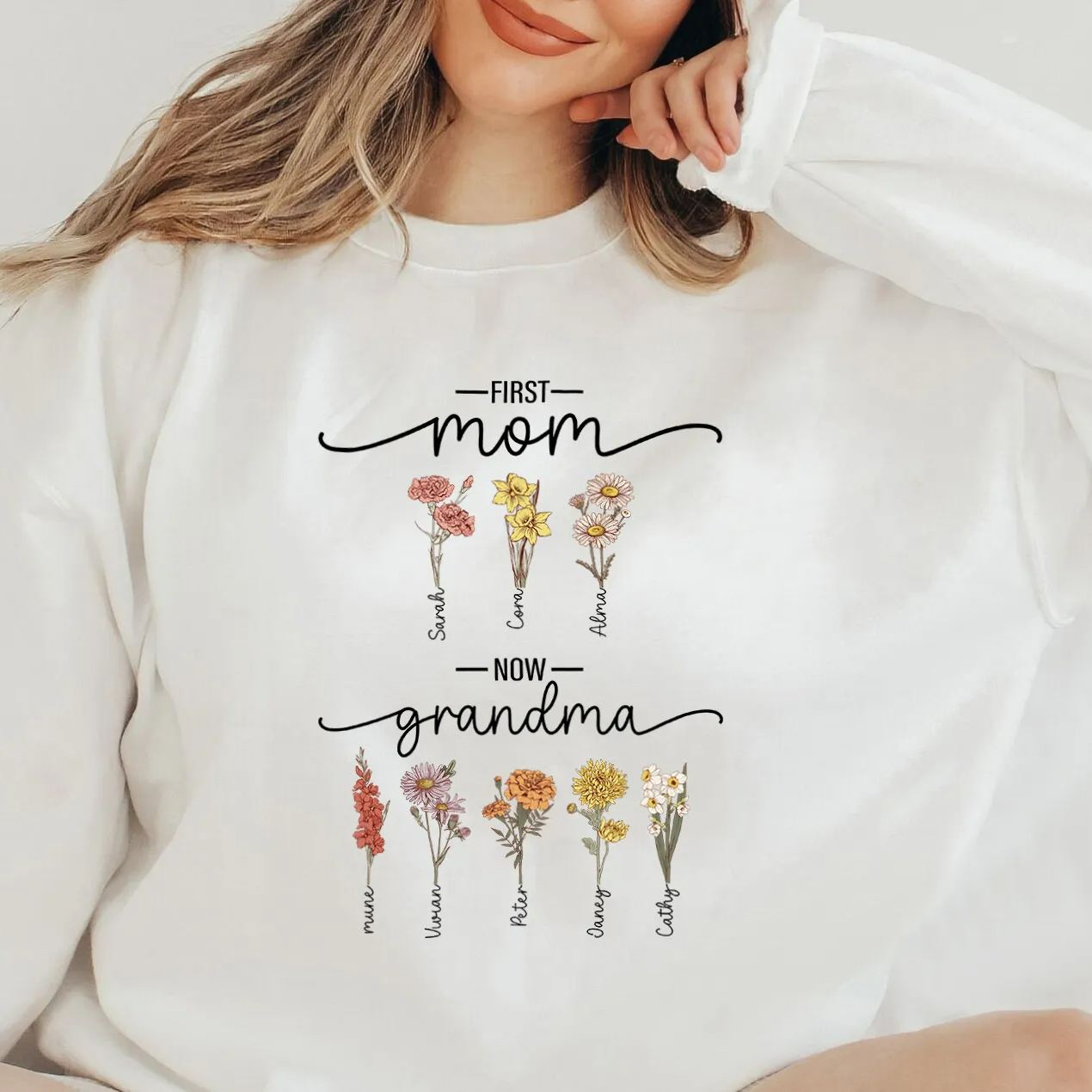 First Mom Now Grandma - Birth Flower Family Custom Hoodie/Crewneck/T-shirt