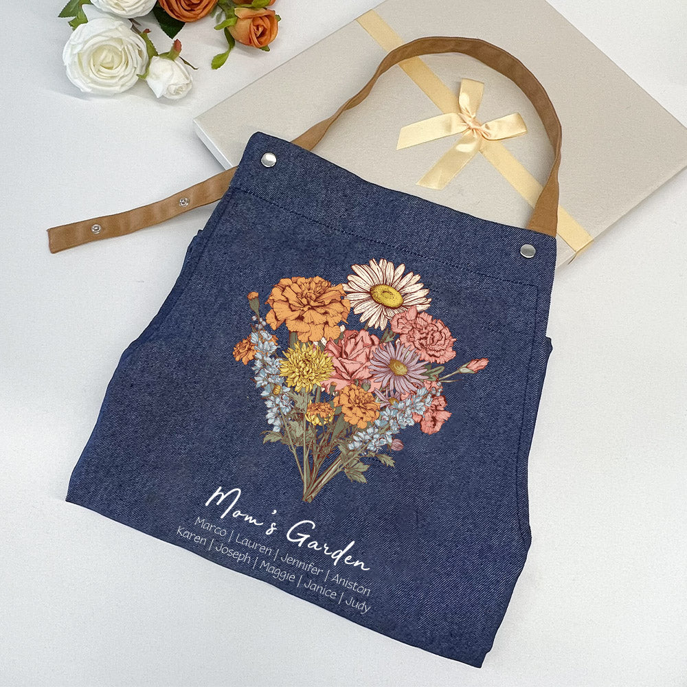 50%OFF⭐️Personalized Birth flower Bouquet Names Apron Waterproof