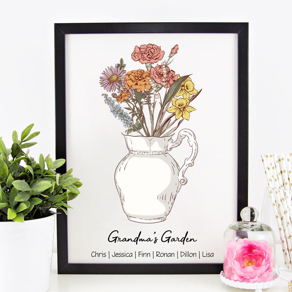 50%OFF⭐️Personalized Birth flower Bouquet Vase Names Frame For Mom/Grandma