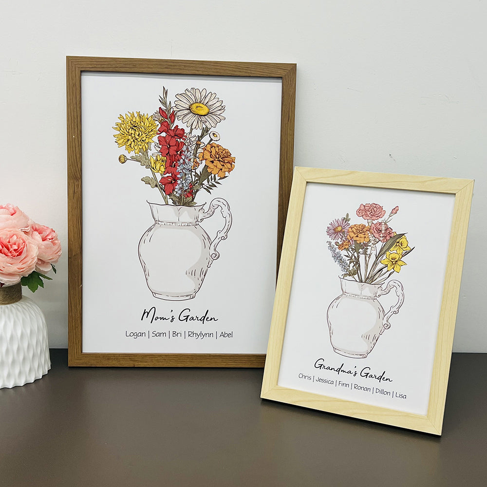 50%OFF⭐️Personalized Birth flower Bouquet Vase Names Frame For Mom/Grandma