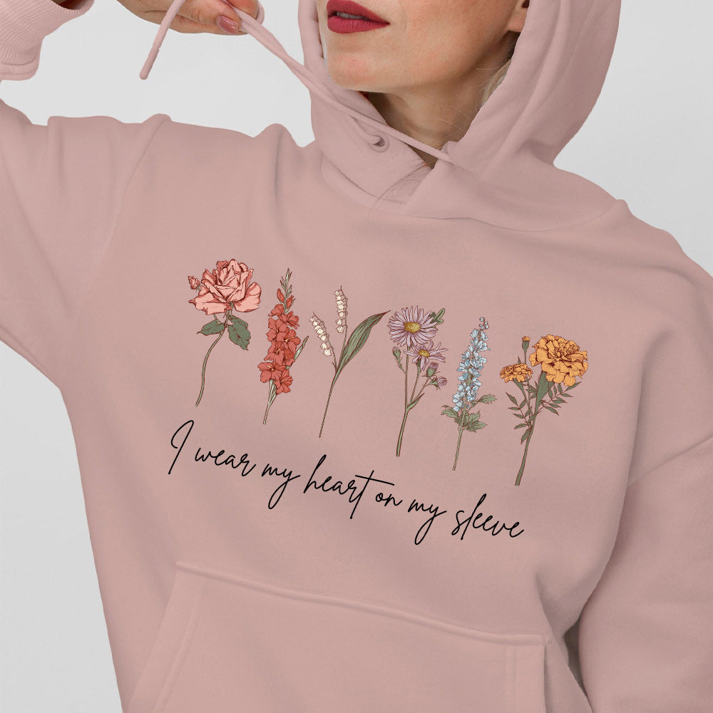 I Wear My Heart On My Sleeve Personalized Names BirthFlower Hoodie/Crewneck