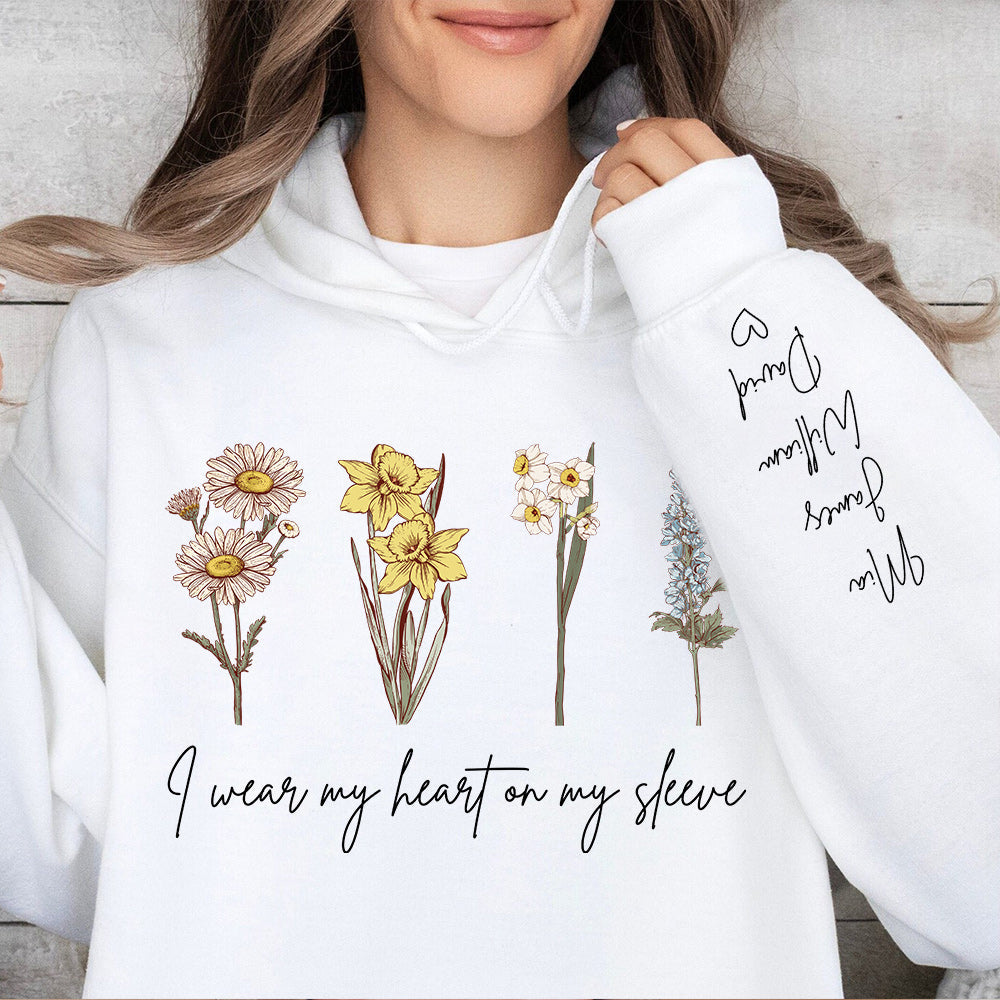 I Wear My Heart On My Sleeve Personalized Names BirthFlower Hoodie/Crewneck